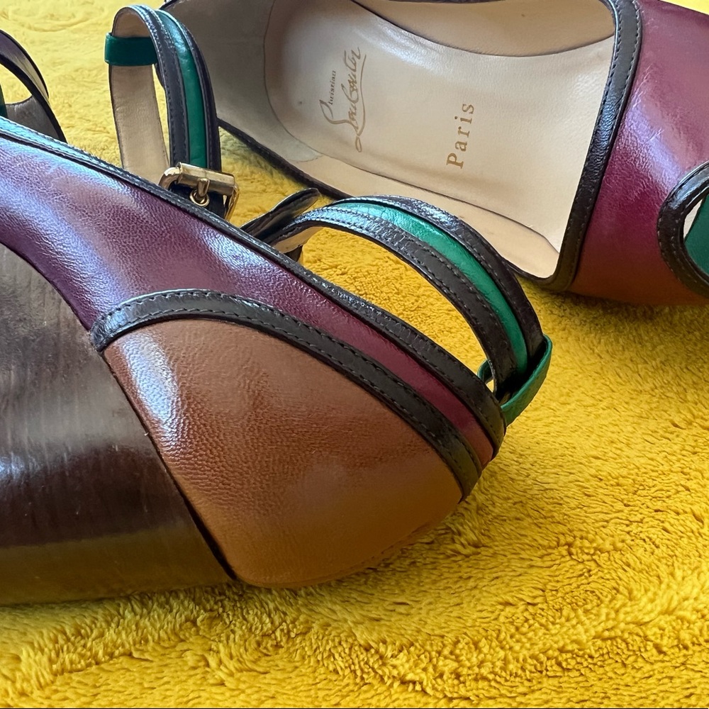 Christian Louboutin Platform Heels size 35.5  Burgandy/ green/ Tan leather - Picture 2 of 6
